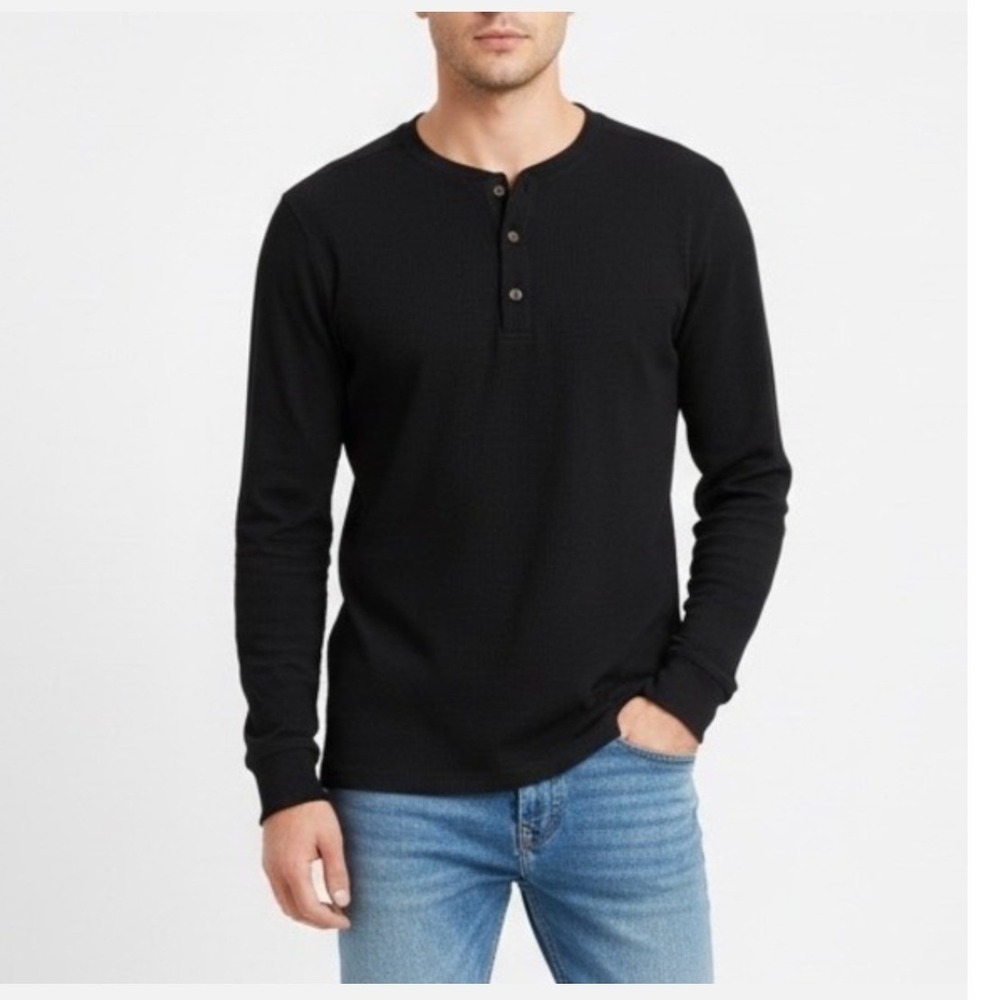 American Giant Men's Black Waffle Knit Long Sleeve Henley Shirt- Size Large
